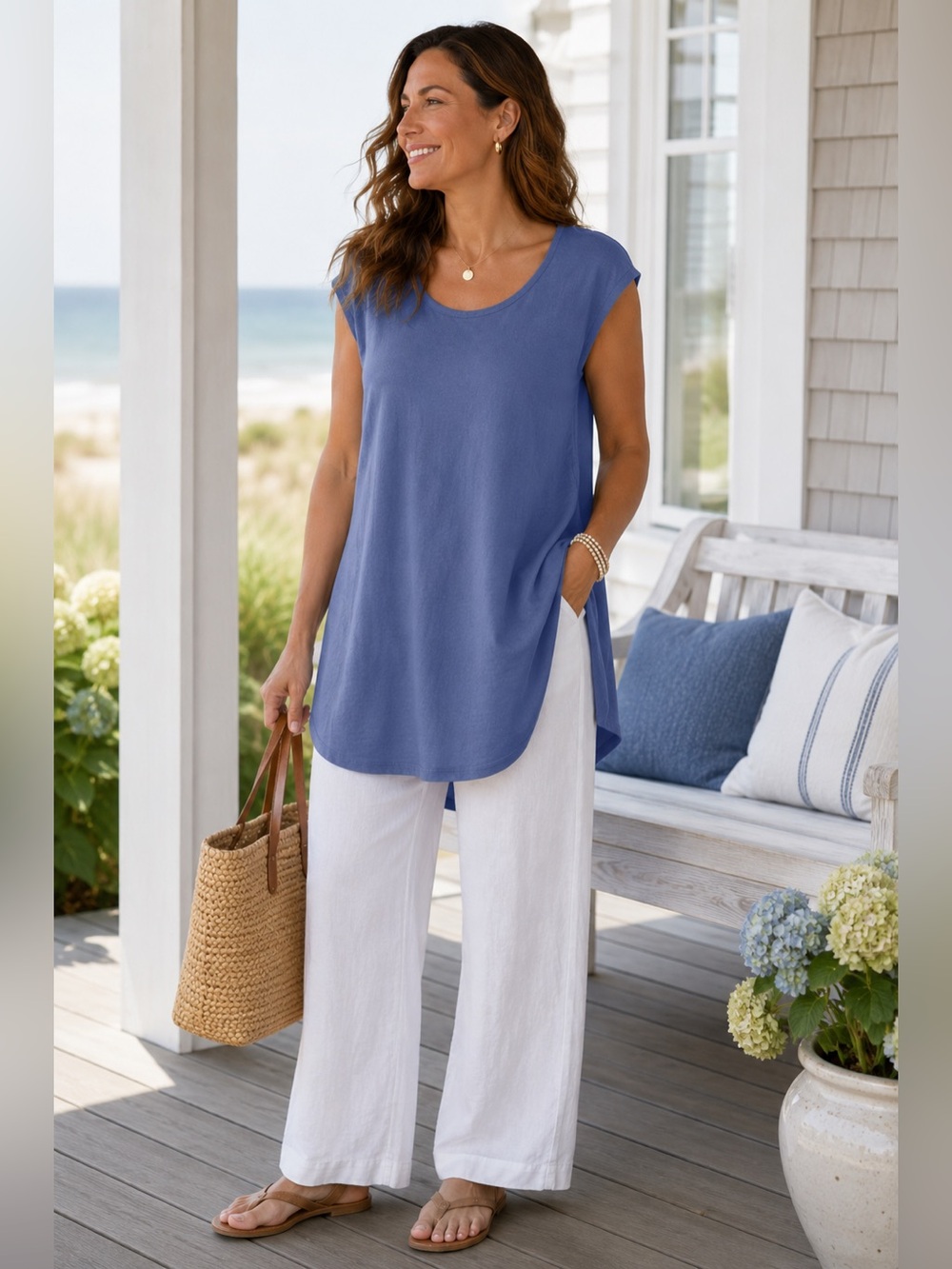 J.Jill Relaxed A-Line Tee Hamptons Coastal Summer Tunic Top L Tall Lagenlook